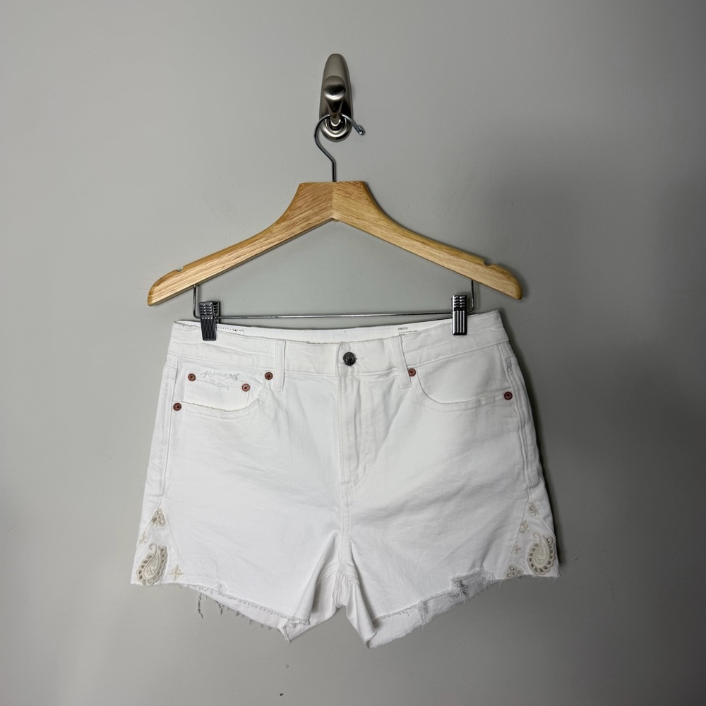 American Eagle Outfitters White Denim Cutoff Shorts with Embroidered Trim